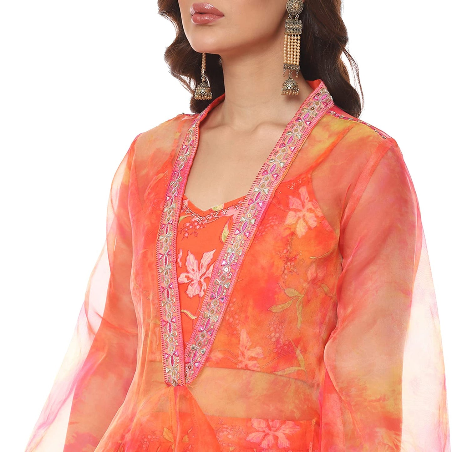 BIBA WOMEN PRINTED FLARED SALWAR KURTA DUPATTA(SKDASSORTED8174_ORANGE_40)