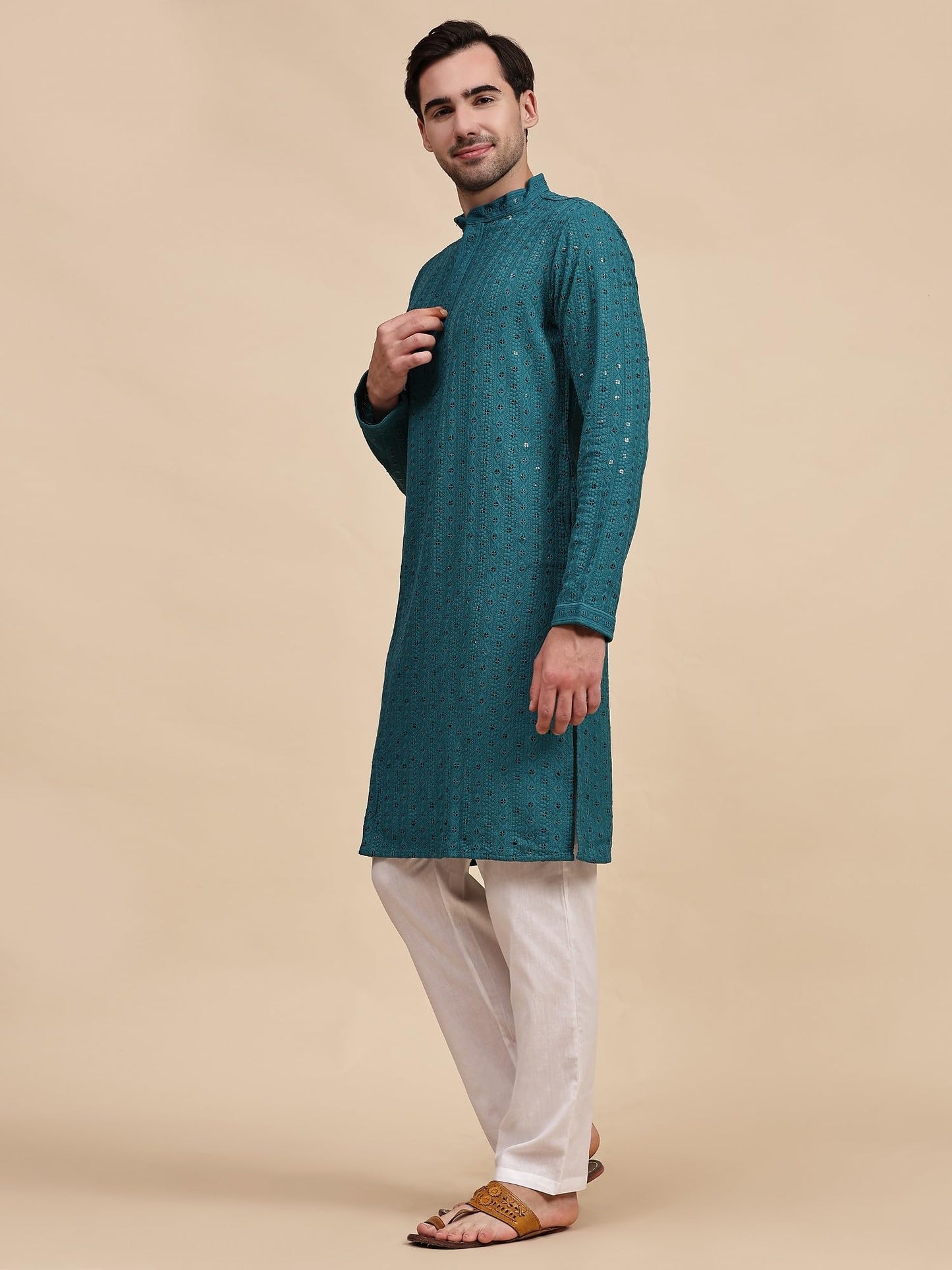 SKAVIJ Men’s Traditional Sequined Kurta Pajama Set Embroidered Party Dress Green_M