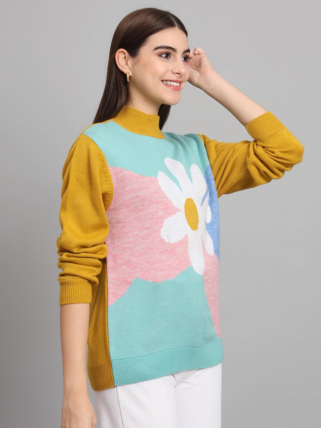 THE DRY STATE Womens Full Sleeves Round Neck Floral Colorblock Pullover Sweater