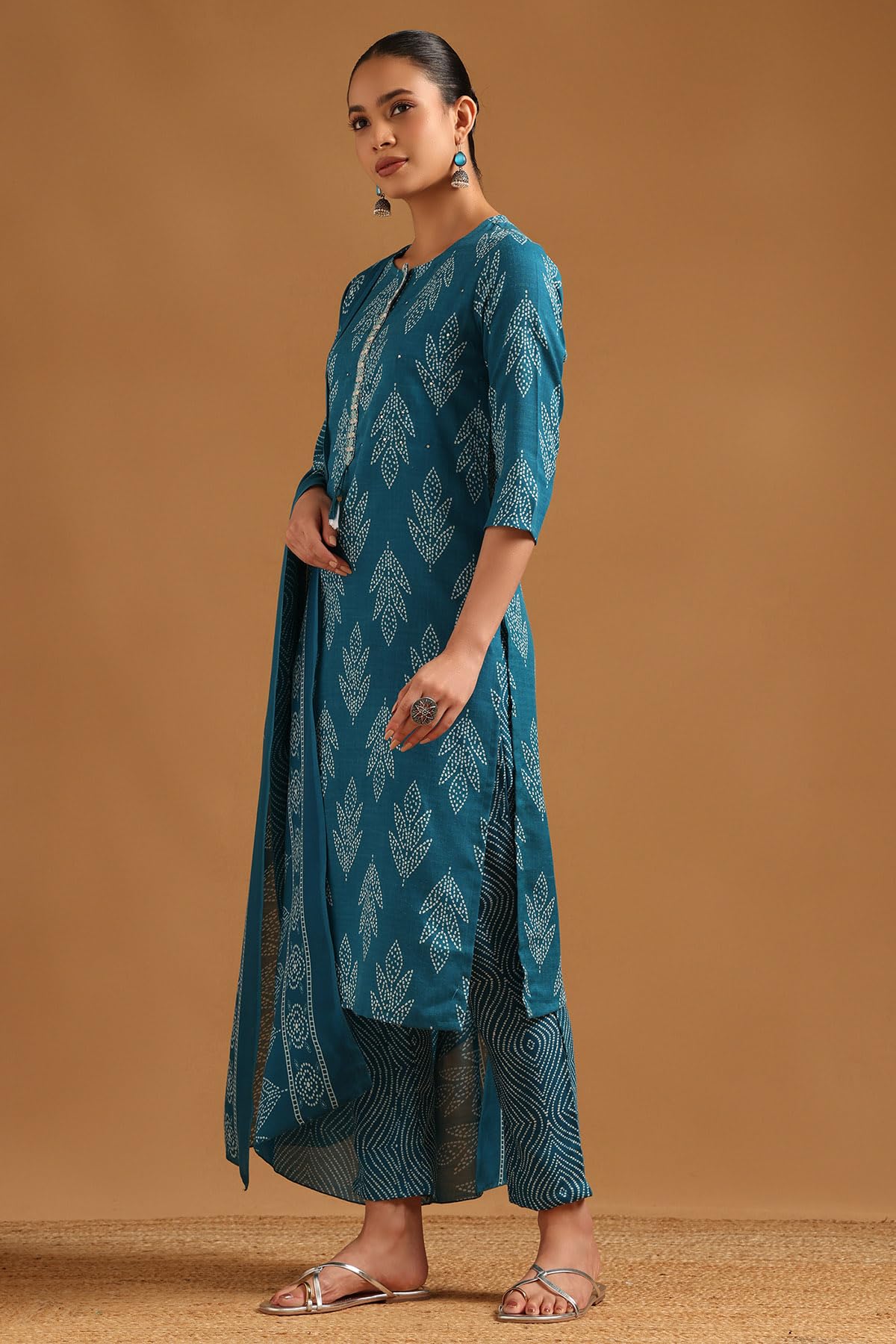 Soch Womens Teal Linen Blend Bandhani Salwar Suit With Faux Mirror And Sequins