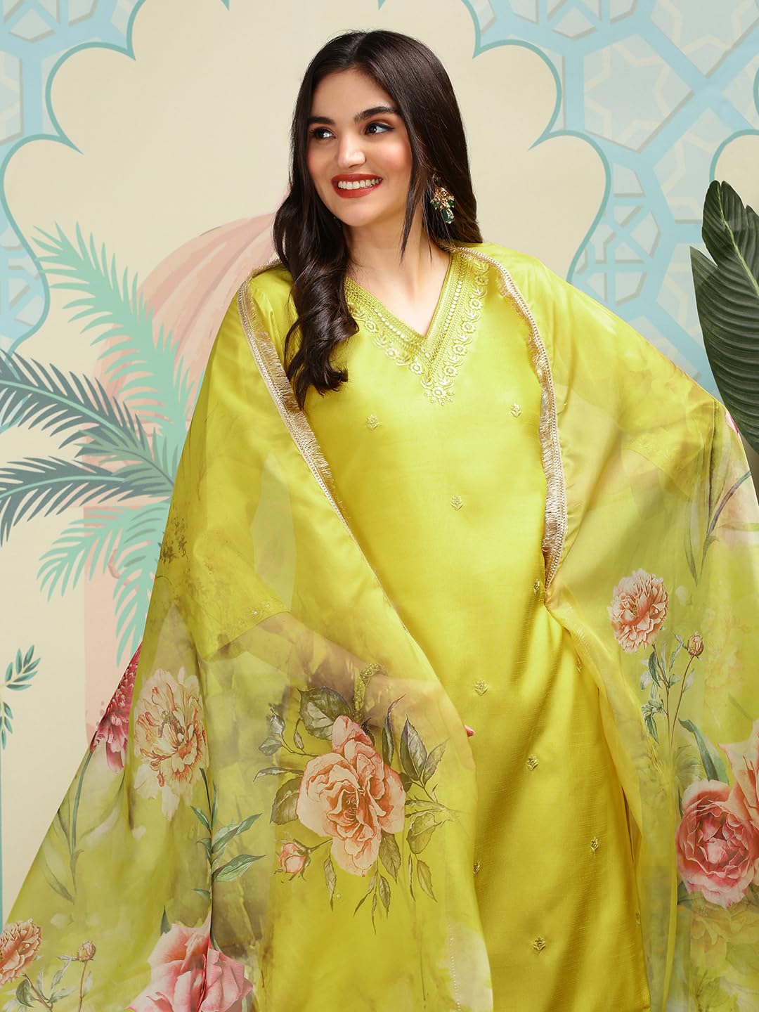 ishin Floral Embroidered V-Neck Three-Quarter Sleeves Silk Chiffon Kurta Set | Kurta set for women | Kurta with trousers and dupatta