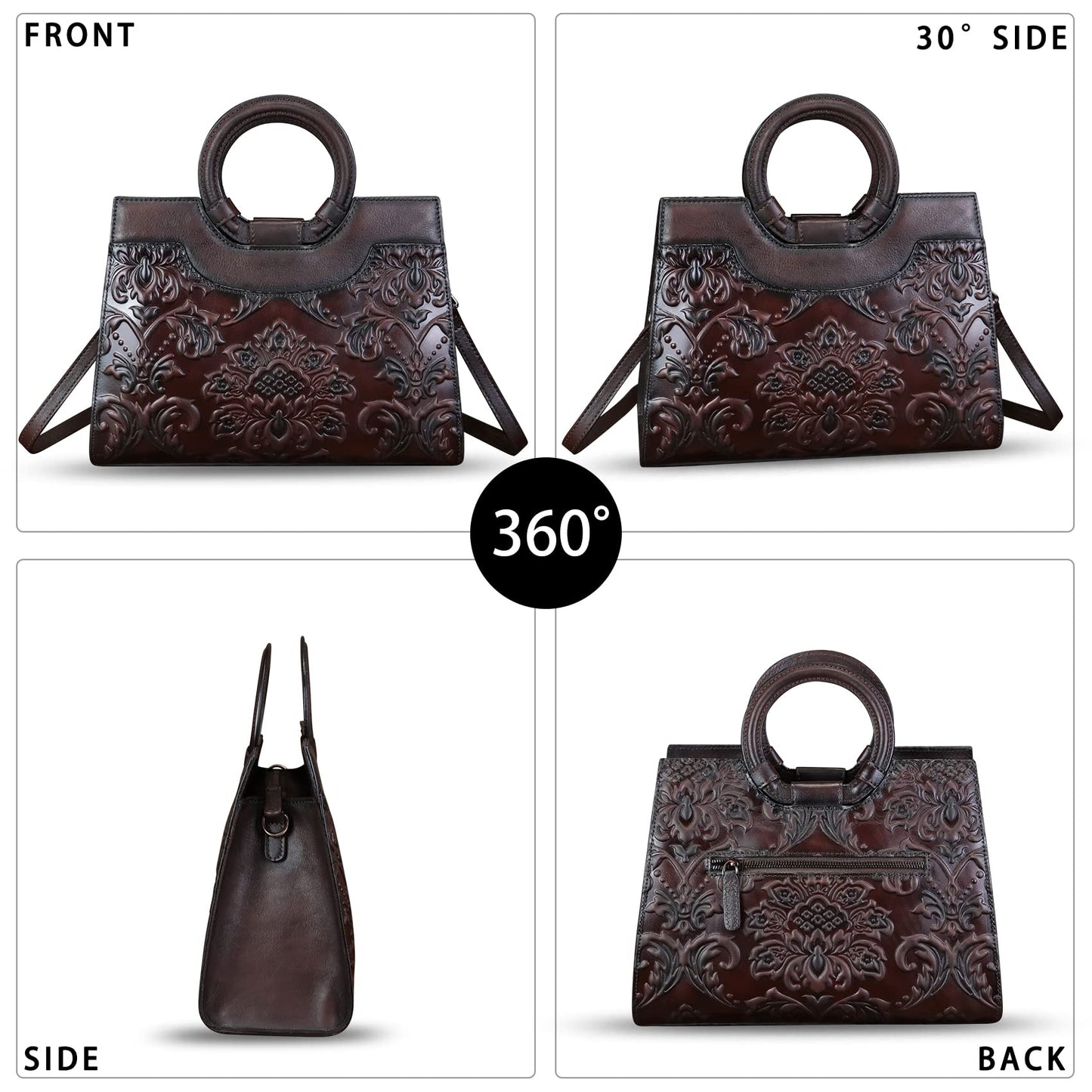 Genuine Leather Satchel for Women Purse Embossed Leather Top Handle Handbag Handmade Purse Crossbody Handbags Tote Bag, Coffee