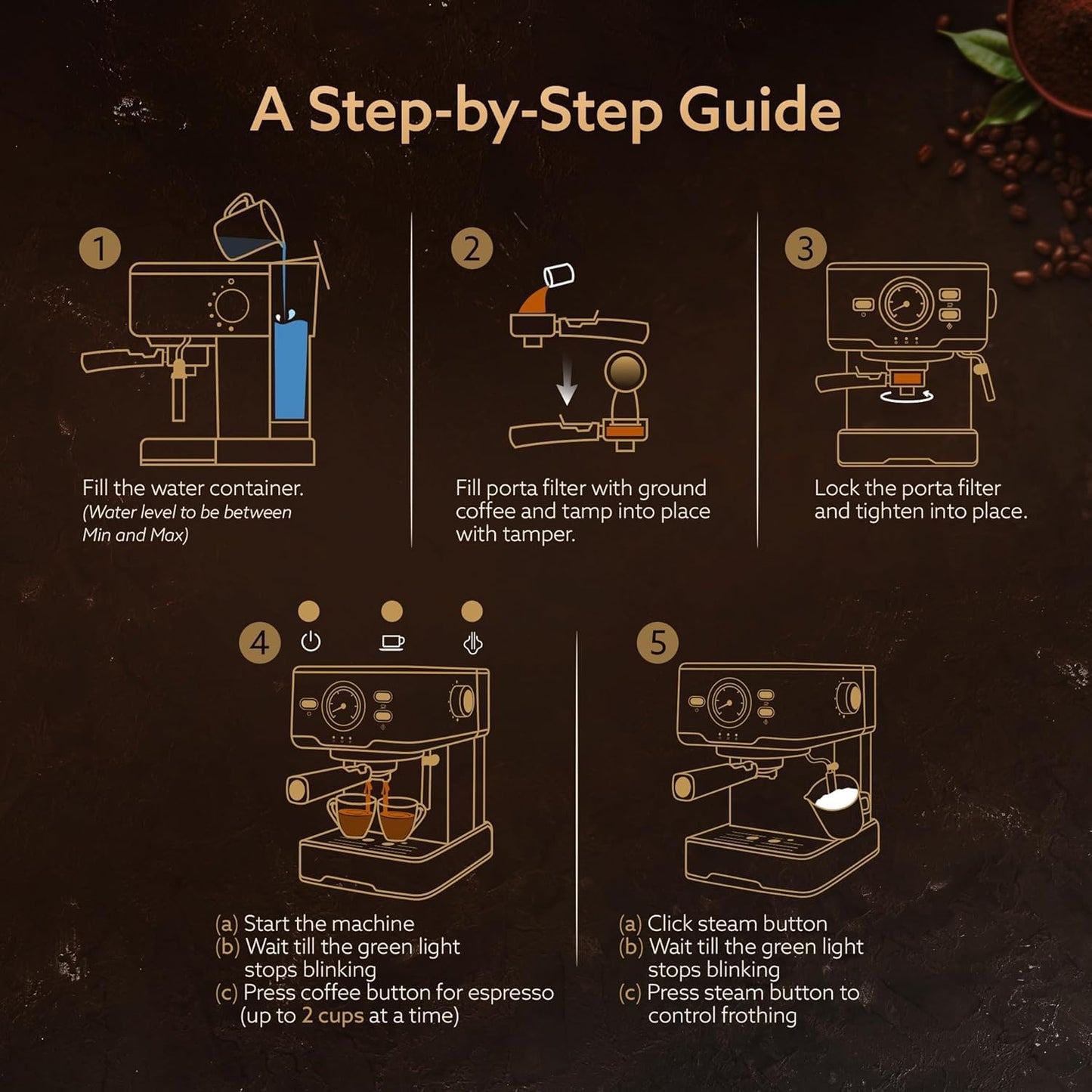 AGARO Imperial Espresso Coffee Maker, Coffee Machine, 15 Bars, With Foaming Milk, Frother Wand for Espresso, Cappuccino, Latte and Mocha, Steam Espresso Maker For Home, Adjustable Milk Frothing and Double Temperature Control System, Stainless Steel, 1100W