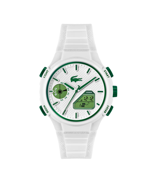 Lacoste LC33 Men's Analog and Digital Movement Watch, Silicone Strap, Water Resistant Up to 10ATM/100 Meters - Contemporary, Sporty - Premium Fashion Timepiece - Gift for Him - 43.75mm, White