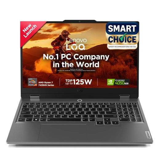 Lenovo Smartchoice LOQ AMD Ryzen 7 7435HS, NVIDIA RTX 4050-6GB, 24GB RAM, 512GB SSD, 15.6"/39.6cm, Windows 11, MS Office Home 2024, Grey, 2.4Kg, 83JC00EGIN, 100% sRGB, 3 Mon. Game Pass Gaming Laptop