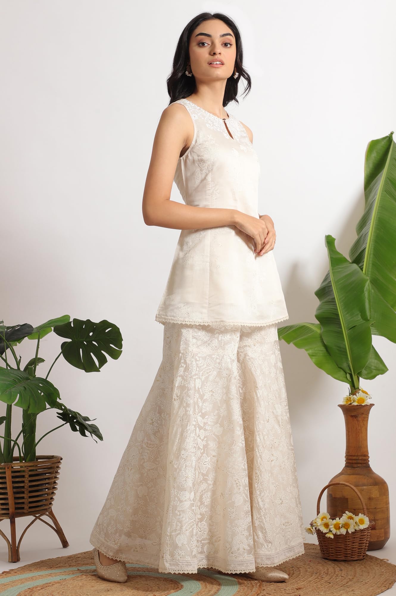 W for Woman White Printed Chanderi Short Kurta, Sharara and Dupatta Set (Size: XL)-WS12349-125210