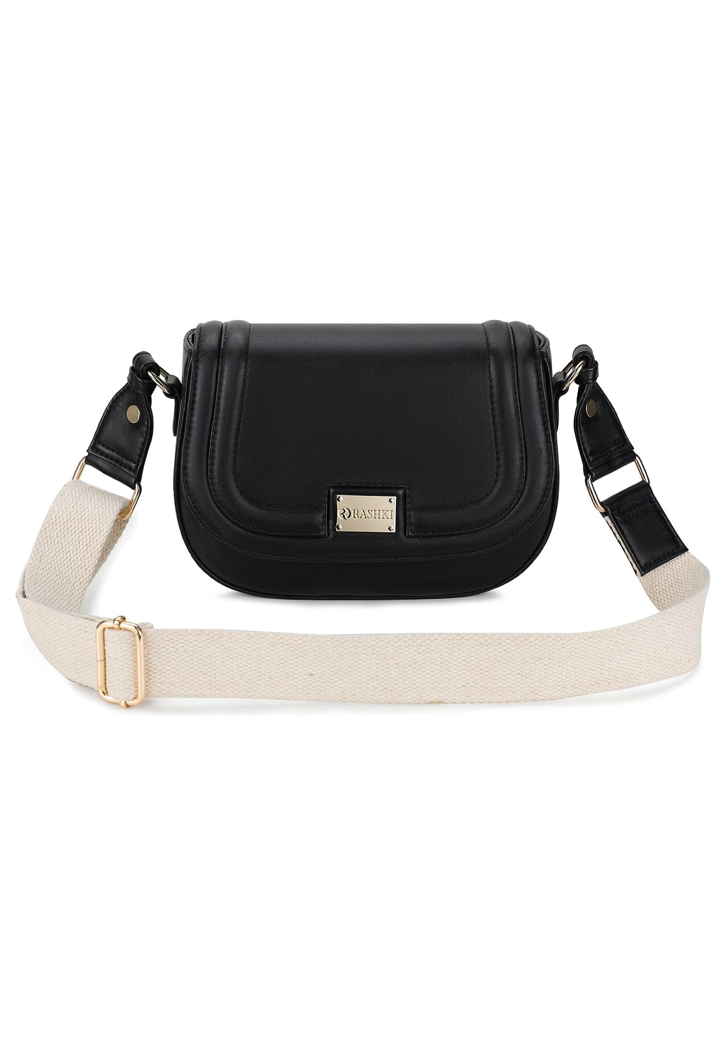 RASHKI ALYA- Womens Crossbody Vegan Leather Handbag | Spacious | Unique Shape | Party Purse | Magnetic Button Closure (Black)