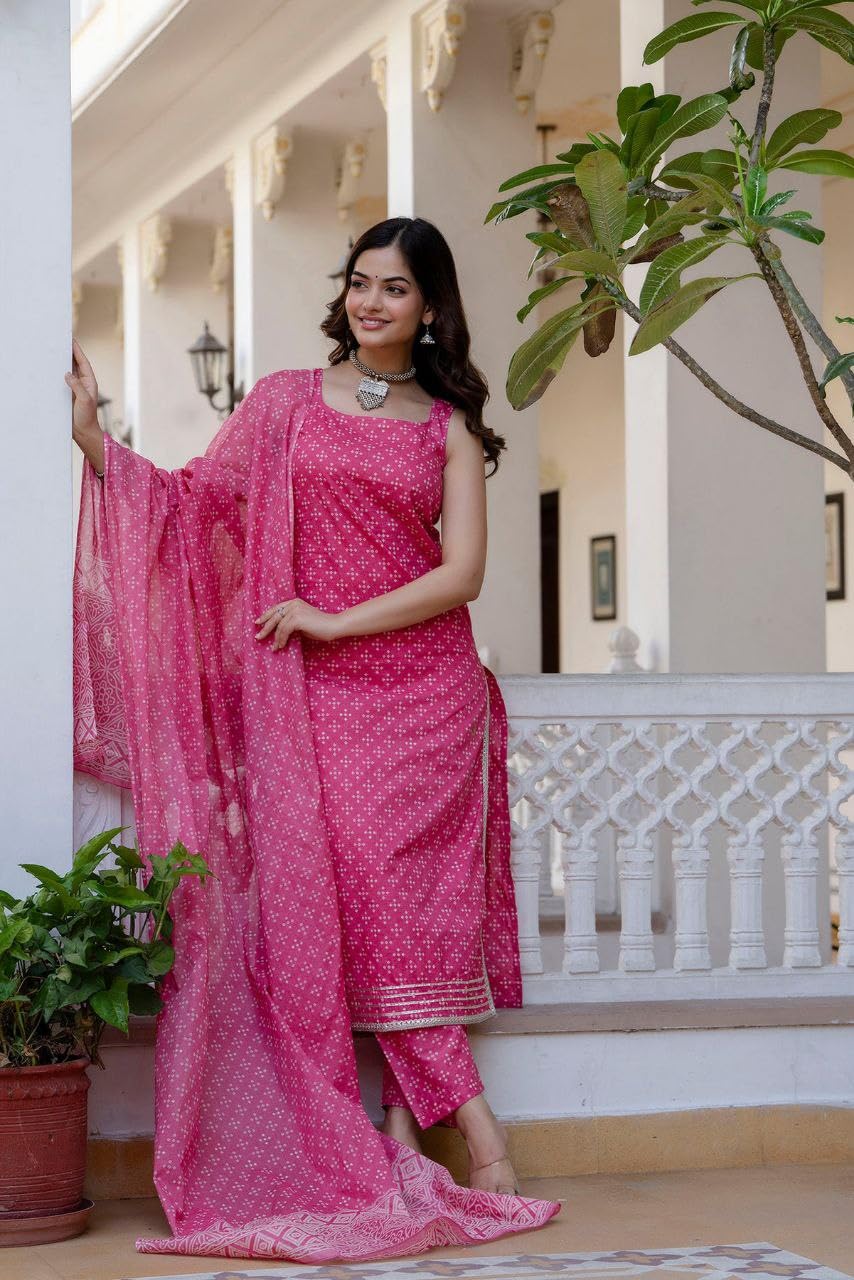 Modestouze Attires Women's Rayon Blend Floral Printed Salwar Suit Set | V Neck 3/4 Sleeve Calf Length Kurta and Dupatta with Print Pant | MAD-K166-PINK-M