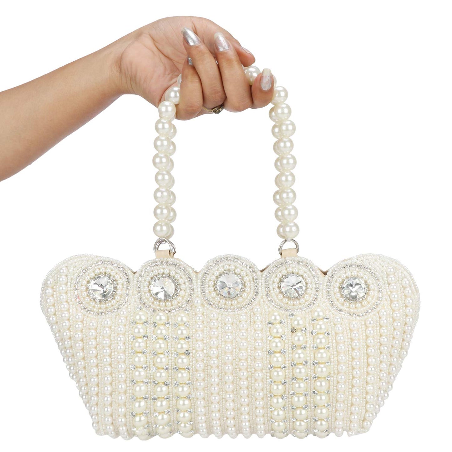 LONGING TO BUY Women's Small Cutest Vintage Style Pearl Tote Wrist Bag Evening Clutch Purse, White