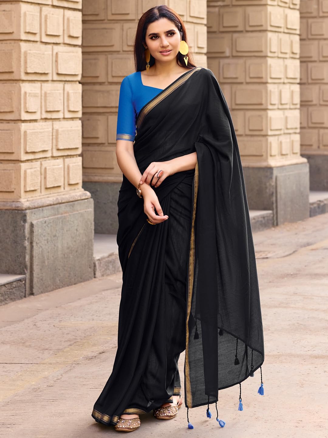 AKHILAM Women's Black Cotton Solid Tassels and Latkans Saree With Unstitched Blouse Piece | Saree for woman | cotton saree for woman (NERA1363_SR)