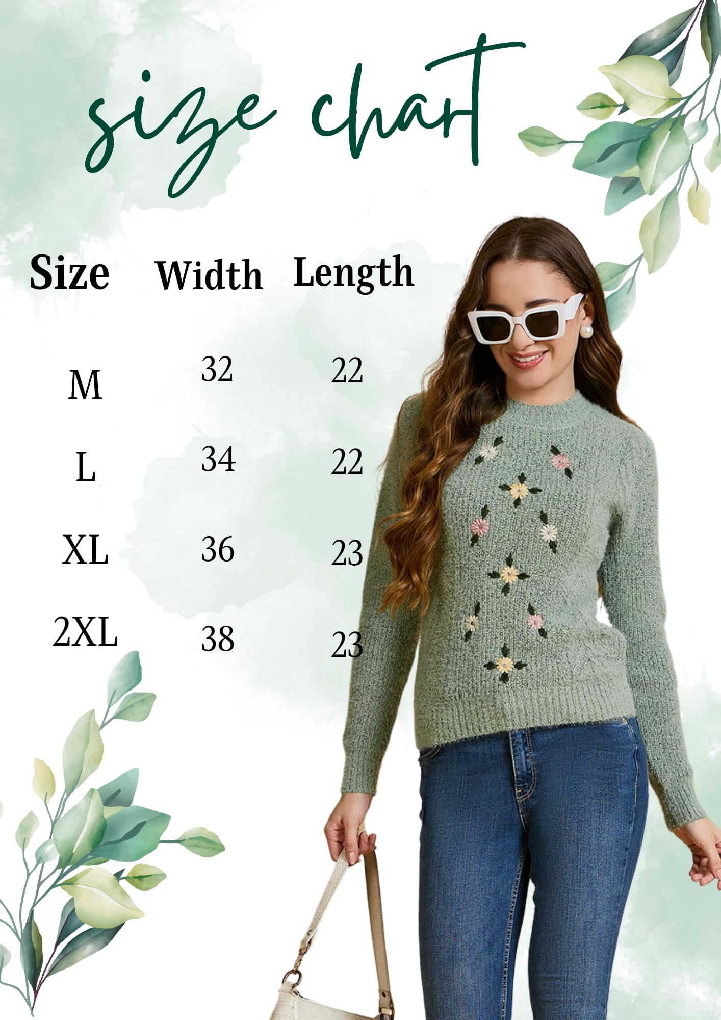 Clapton Women's Floral Embroidered Knitted Pullover Sweater, Long Sleeve, Round Neck, Casual (in, Alpha, L, Regular, Pista)