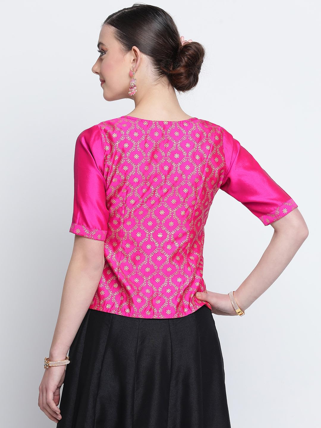 studio rasa Women's Silk Blend Block Printed Button Down Blouse for Wedding Festive Party (TPWC224BL17L_Large_Pink)