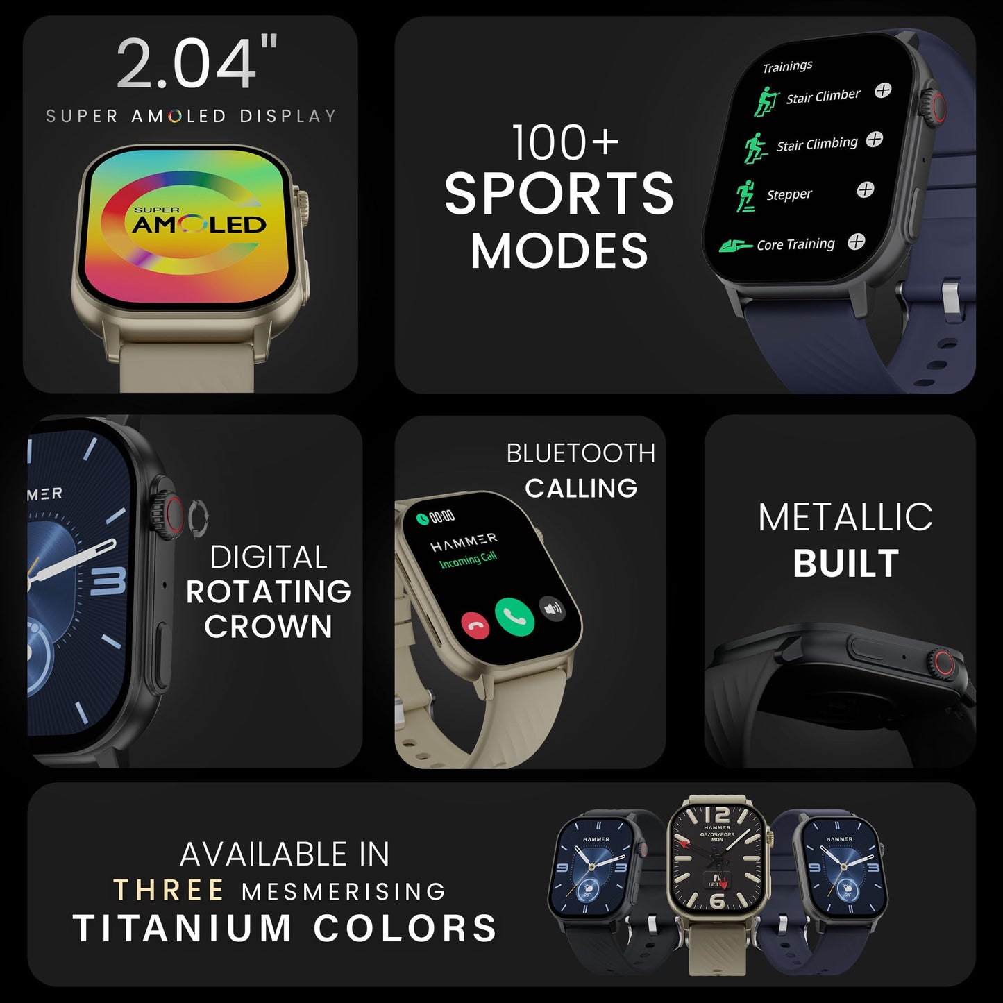 HAMMER Arctic 2.04" Super AMOLED Smart Watch, Metallic Build, BT Calling, Always On Display, Rotating Crown, Split Screen, Health Tracking, Smart Watch for Men, Women, Girls, Boys (Champagne Gold)