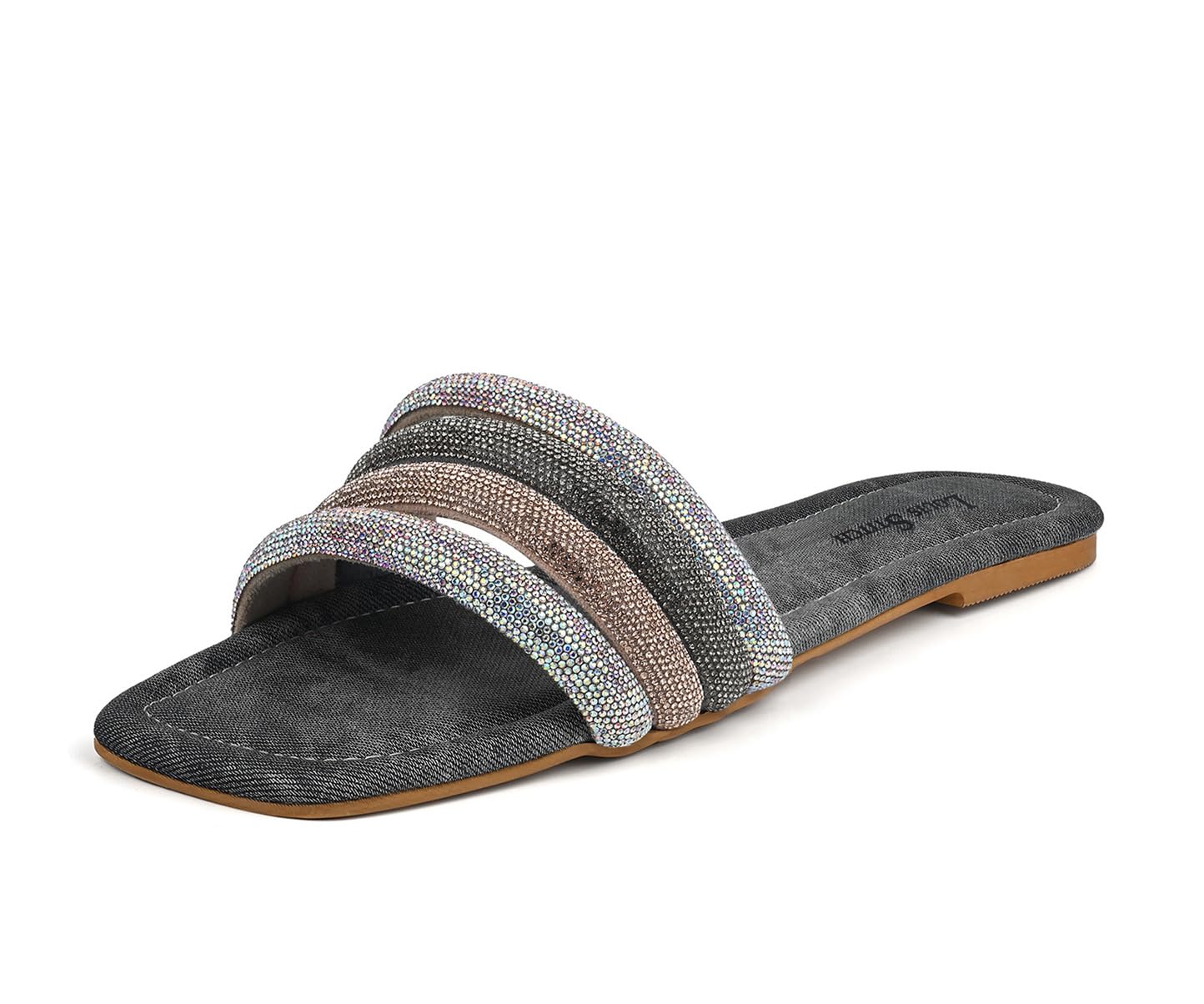 LOUIS STITCH Women’s Fashion Flat Slip-On Sandals | Open Toe Grey Glitter Strap Flat Slipper for Ladies, Comfortable Slipper | LSOF-LDSL-GLFSGY | (UK-5)