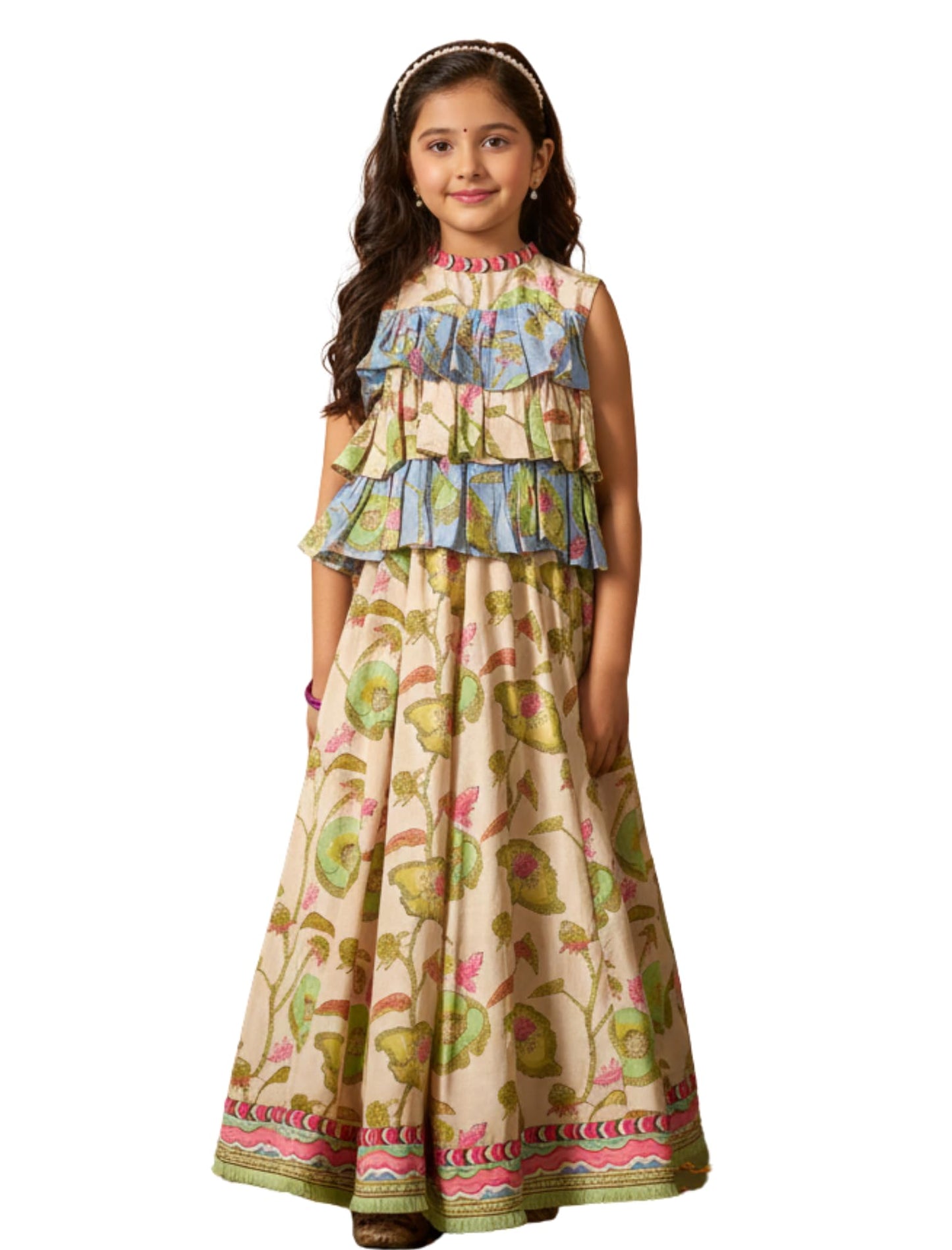 Naixa Girl's Rayon Floral Pattern Lehenga Choli Set with Sleeveless Round Neck and Elastic Closure Type| Ready to Wear Lehenga Choli Set