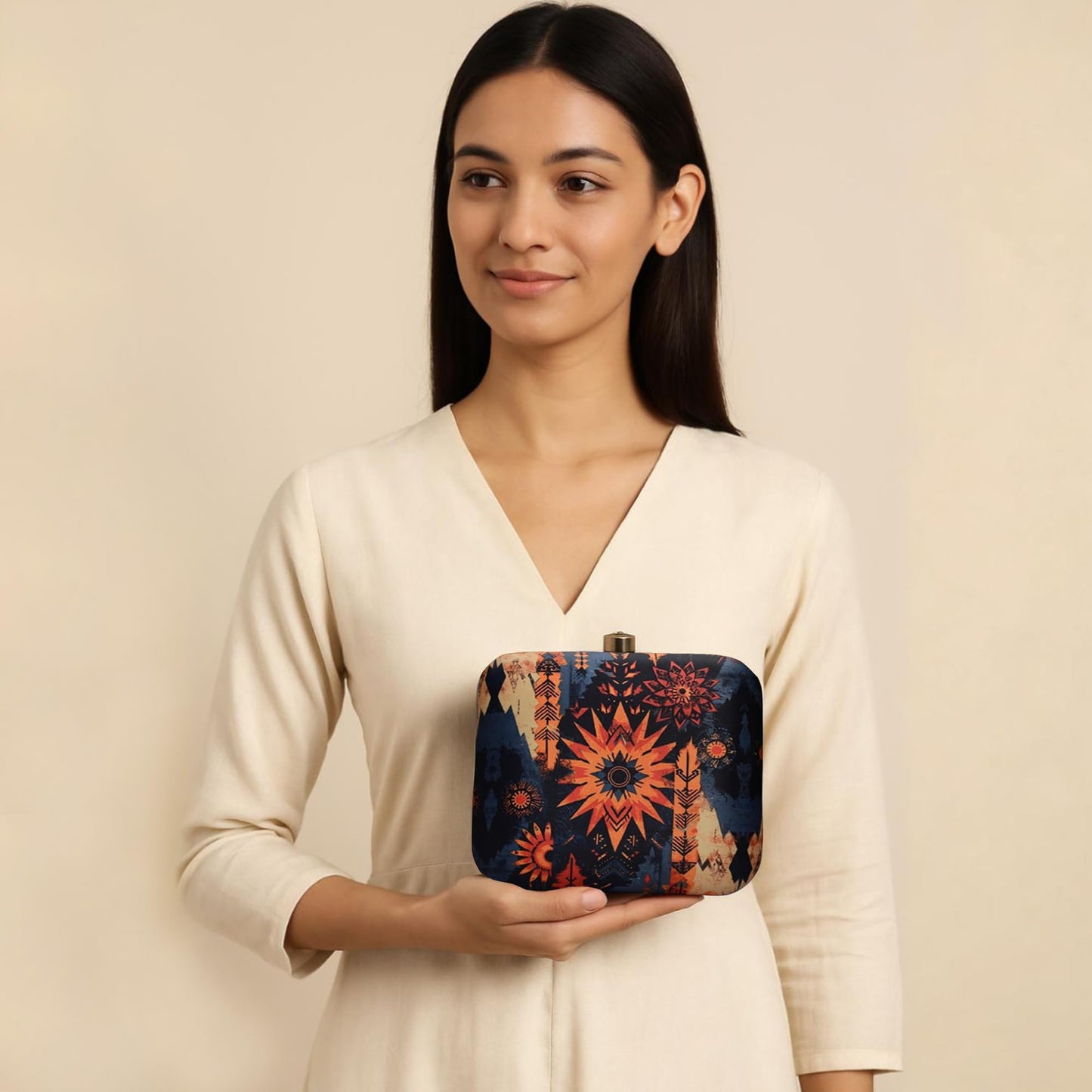 Artklim Design Art Printed And Multi Colour Clutch Bag For Women With Detachable Strap