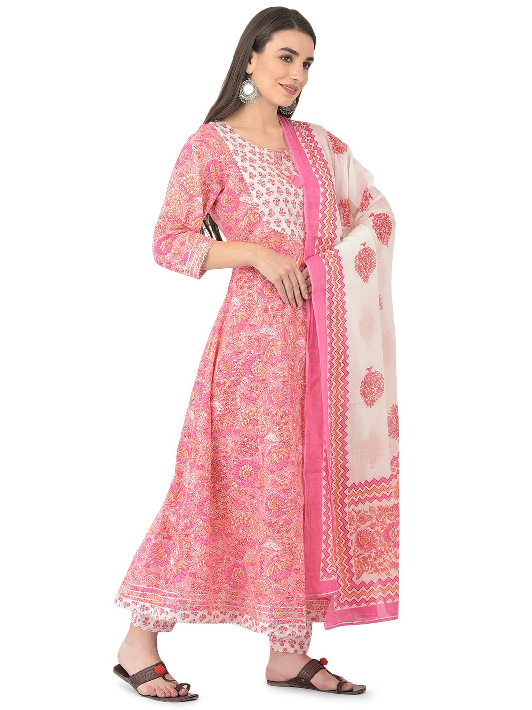 Pistaa's Women Cotton Anarkali Flair Suit Set (Pink, X-Large)