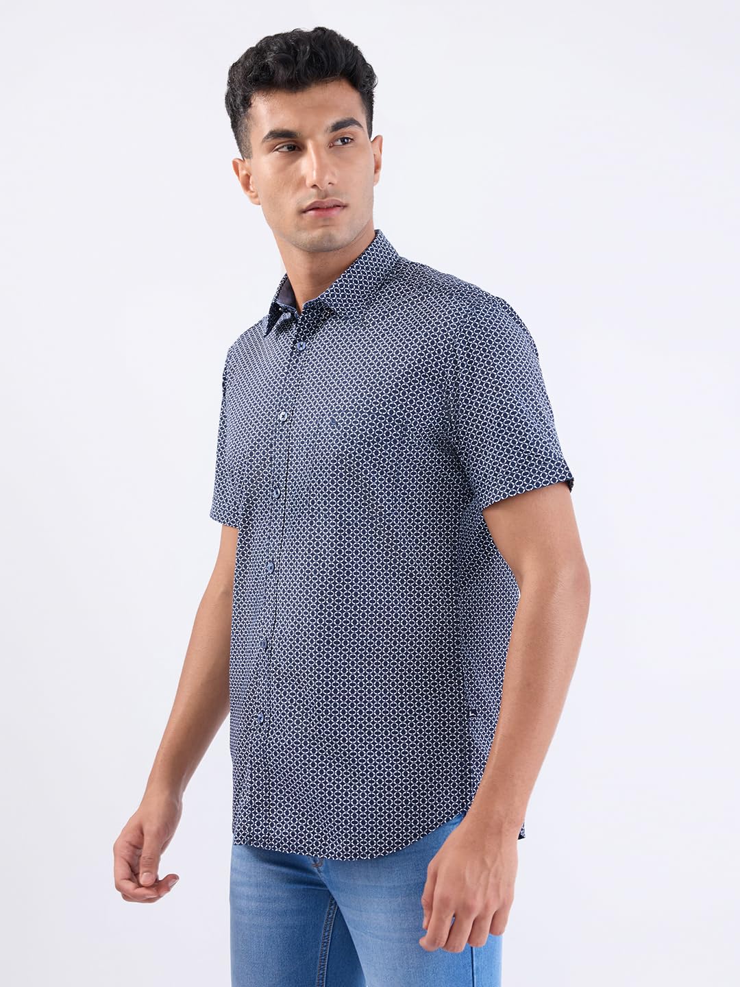 Raymond Men Regular Fit Print Pattern Linen Cotton Blend Semicutaway Collar Full Sleeve Casual Shirt (Size:42)-RCSQ01979-B6 Blue