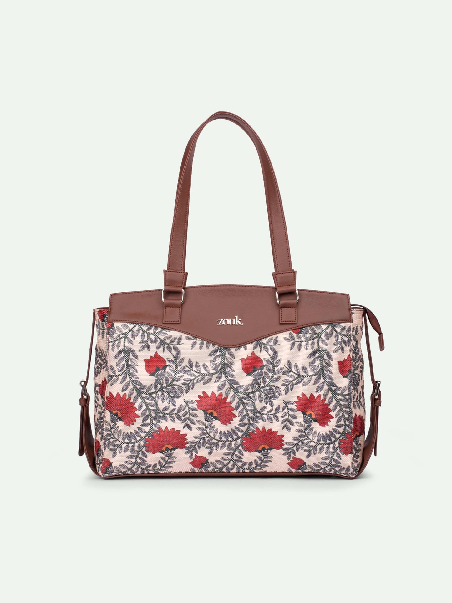 ZOUK Nawabi Couture Floral Printed Jute Vegan Leather Beige and red Women's Office Work Bag With Double Handles Strap