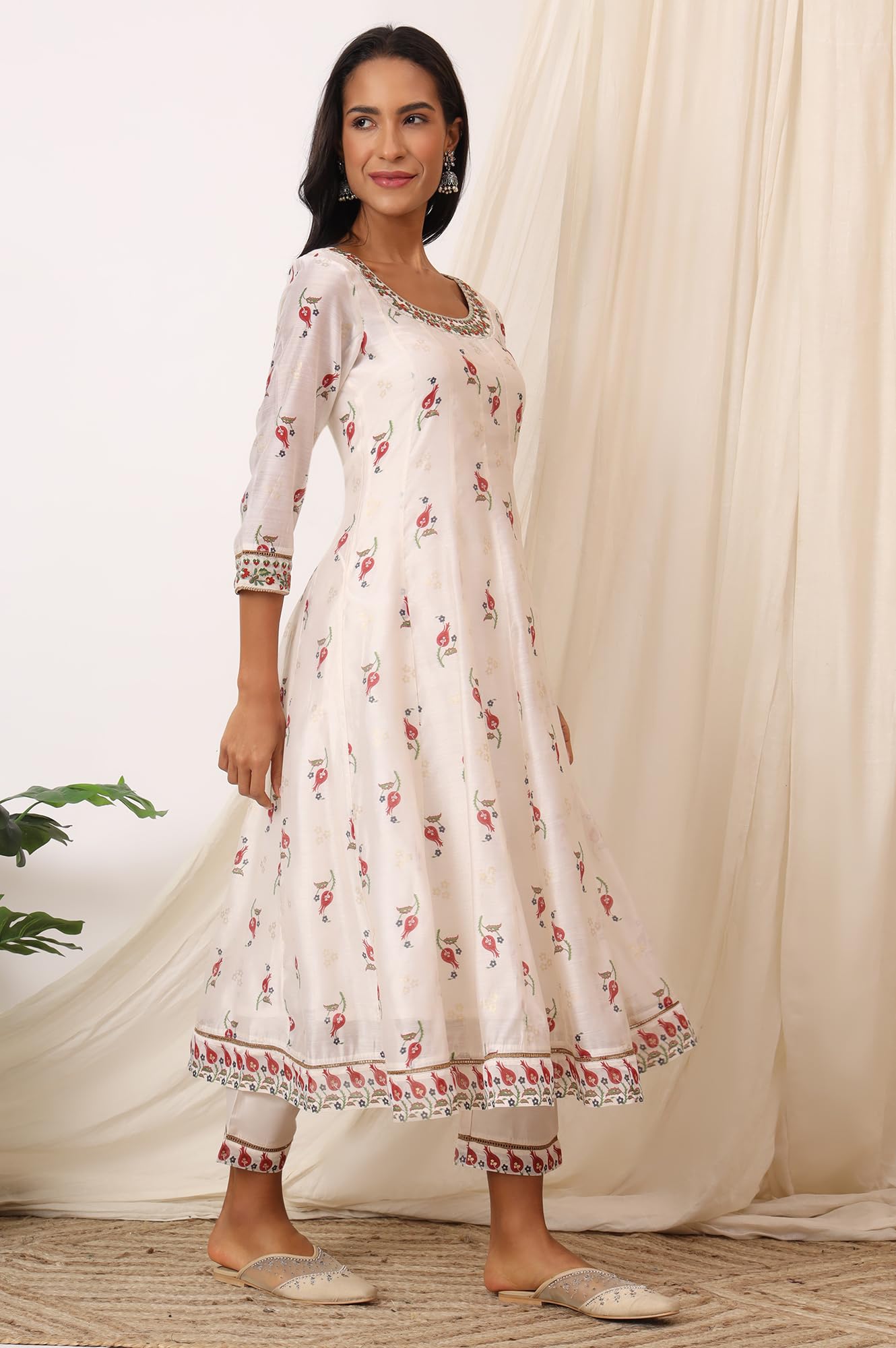 W for Woman White Floral Printed Chanderi Anarkali Kurta, Pants and Dupatta Set (Size: 2XL)-WS12119-124225
