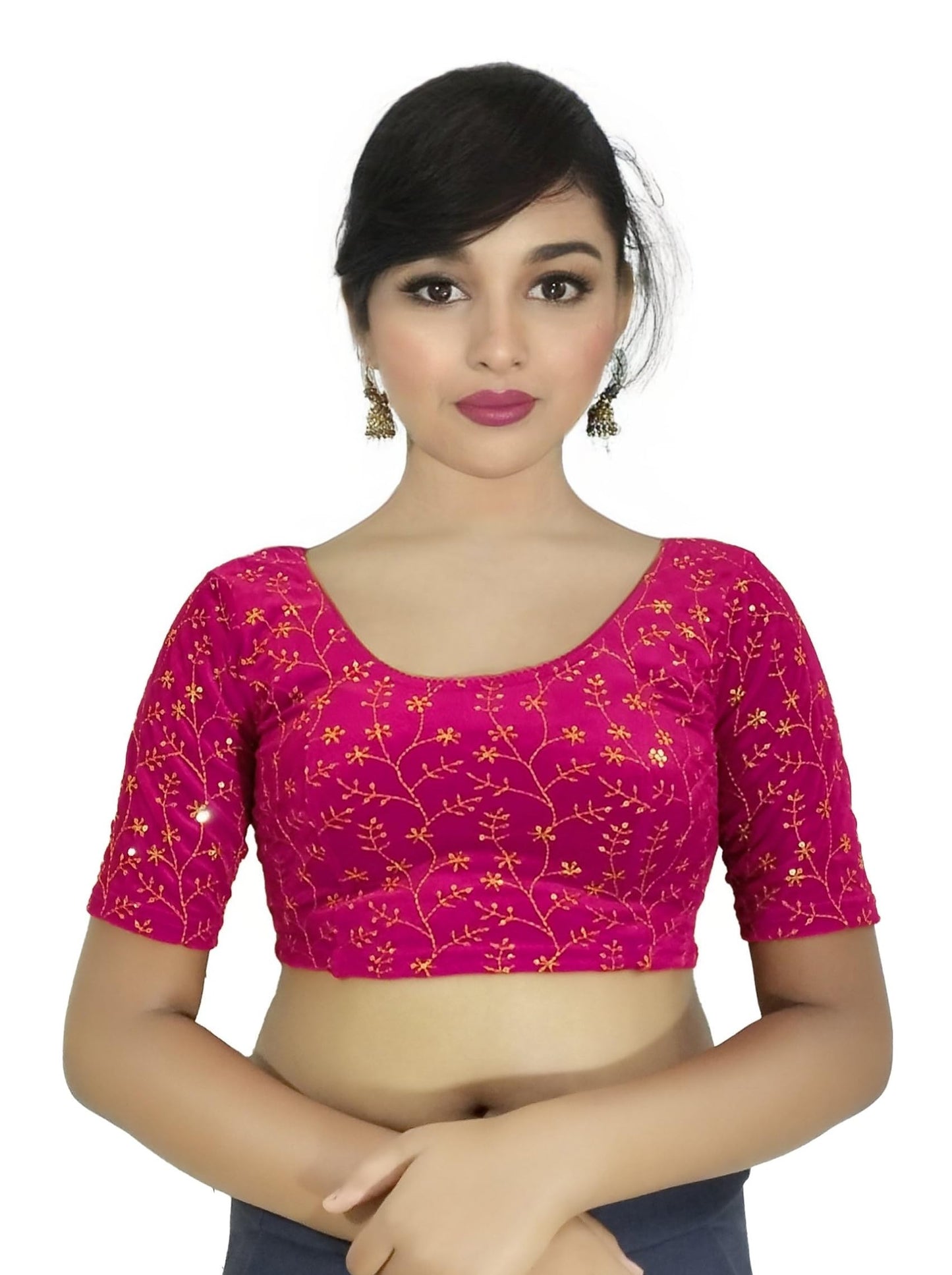 PU Fashion Embroided Readymade Streatchable Stylish Blouse, Spandex Half Sleeve For Women's Pink Size 36"