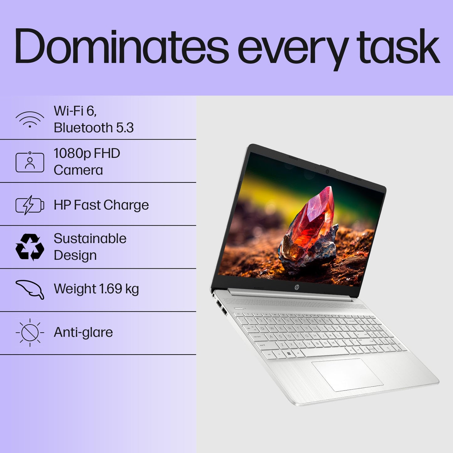 HP 15s, 12th Gen Intel Core i3-1215U Laptop (8GB DDR4, 512GB SSD) Anti-Glare, 15.6"/39.6cm, FHD, Win 11, MS Office 21, Silver, 1.69kg, Intel UHD Graphics, HD Camera, Dual Speakers, fy5011TU