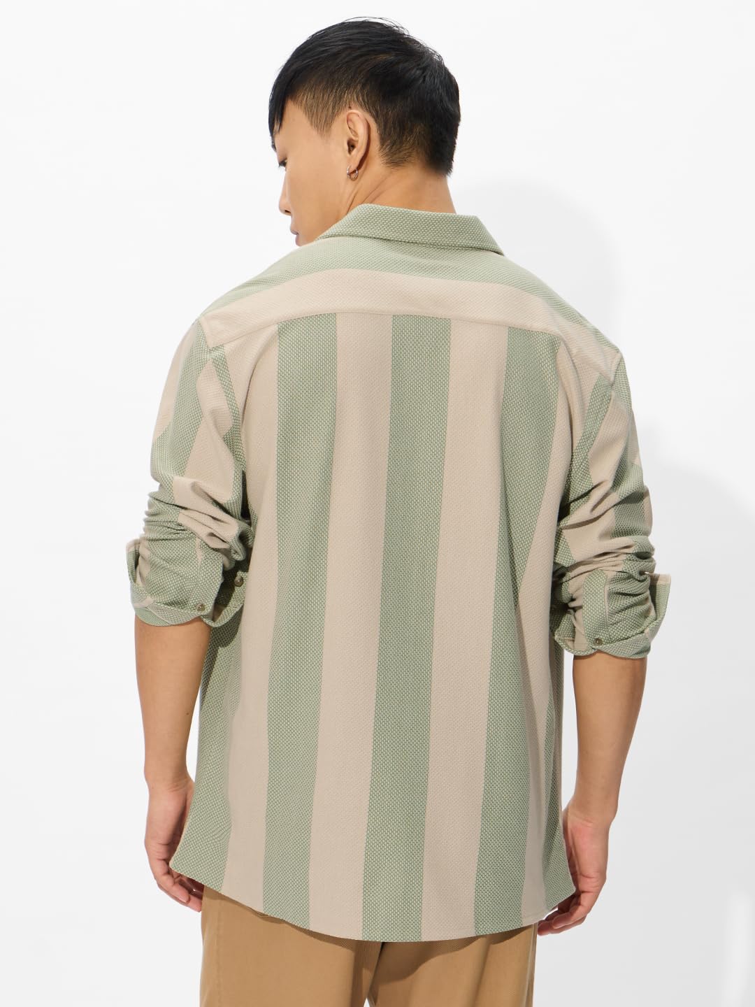 The Souled Store Stripes: Sage Men and Boys Short Sleeves Collared Neck Button Front Regular Fit Cotton Shirt