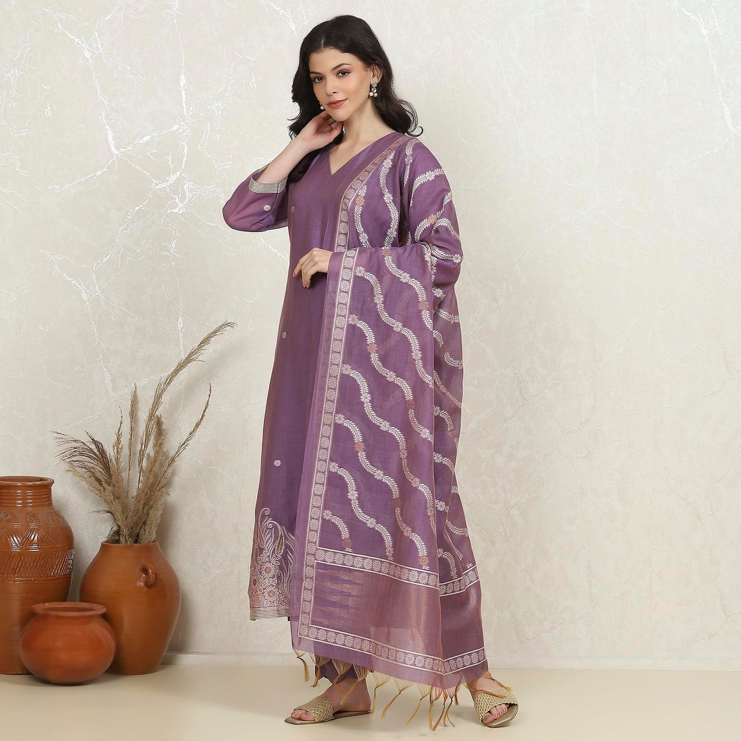 Biba Women's Lavender Chanderi Weave Unstitched Suit Set