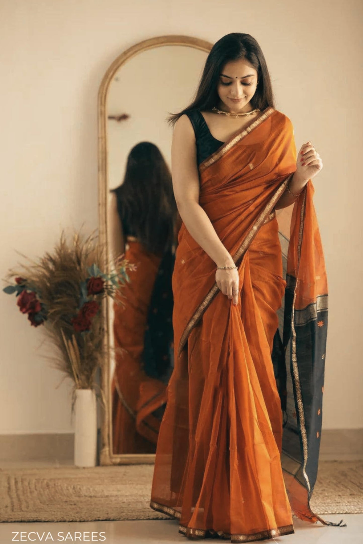 ZECVA Women's Pure Spun Linen Cotton Lichi Silk Saree With Attach Unstitch Blouse Piece (DARK ORANGE BLACK)