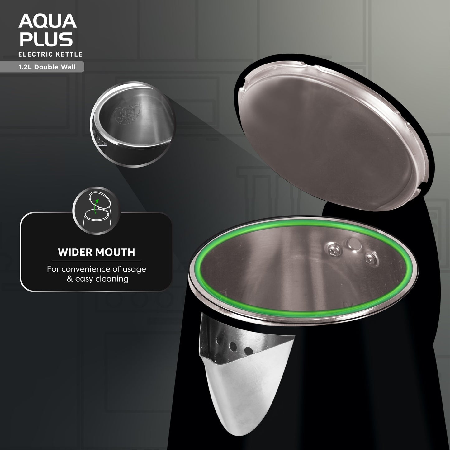 Havells Aqua Plus Electric Kettle 1.2 Litre, 1250 Watt | 304 Stainless Steel Inner Body | Cool Touch Body | Auto Shut-Off |Wider Mouth| 2 Year Warranty (Black)