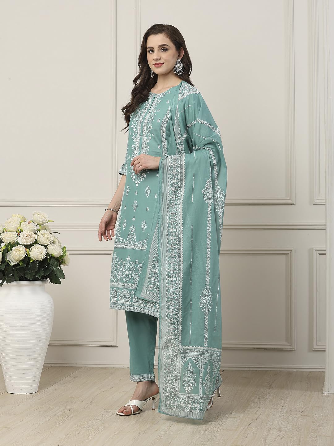 Biba Women Turquoise Cotton Straight Suit Set_32