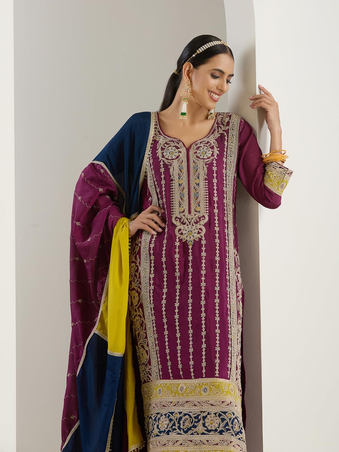 ishin Gold zari embroidered straight festive kurta with pants and dupatta