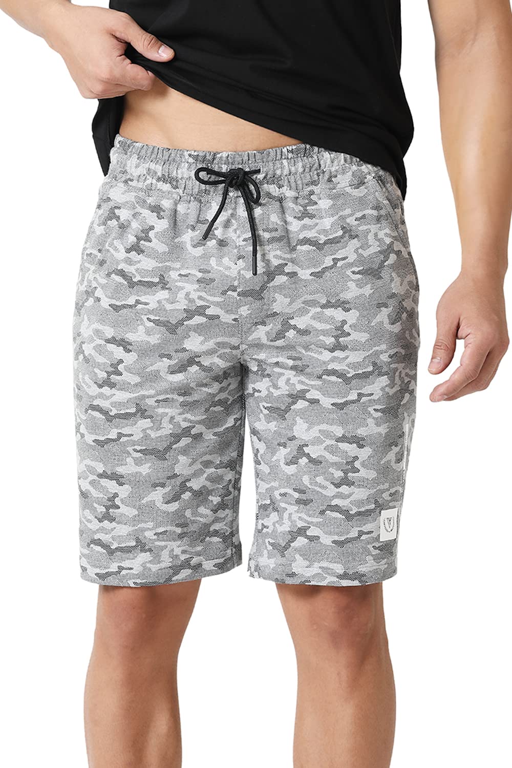 Van Heusen Men Knit Shorts - Cotton Rich - Drawstring Waist, Camo Print, Ultra Soft_70015_Grey Melange AOP_S