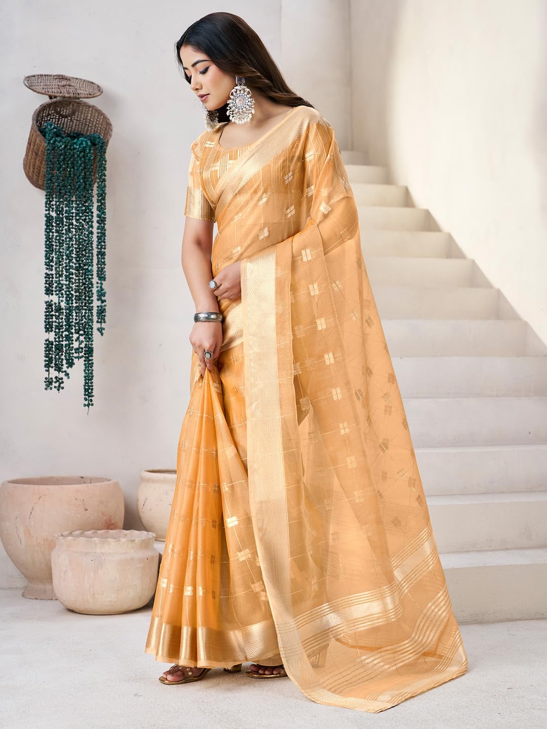 AKHILAM Women's Yellow Linen Zari butta Woven Design Saree With Unstitched Blouse Piece | saree for woman | Designer Saree for Women | Soft and Skin Friendly (PRERNA2204_SF)
