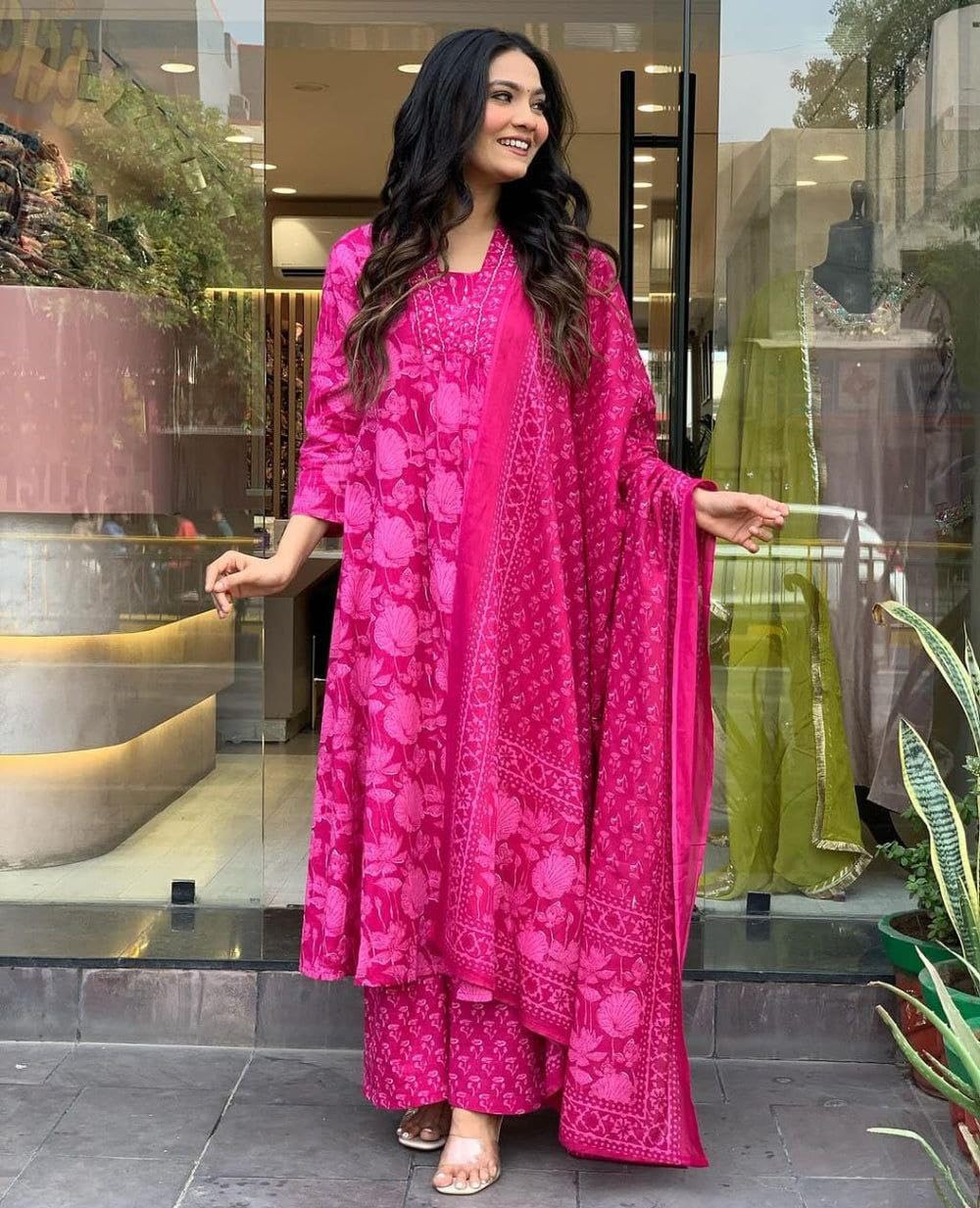 Modestouze Attires Women's Rayon Floral Printed Salwar Suit Set | V Neck 3/4 Sleeve Fit Flared Calf Length Kurta and Cotton Dupatta with Printed Palazzo | MA-K207-PINK-XXL