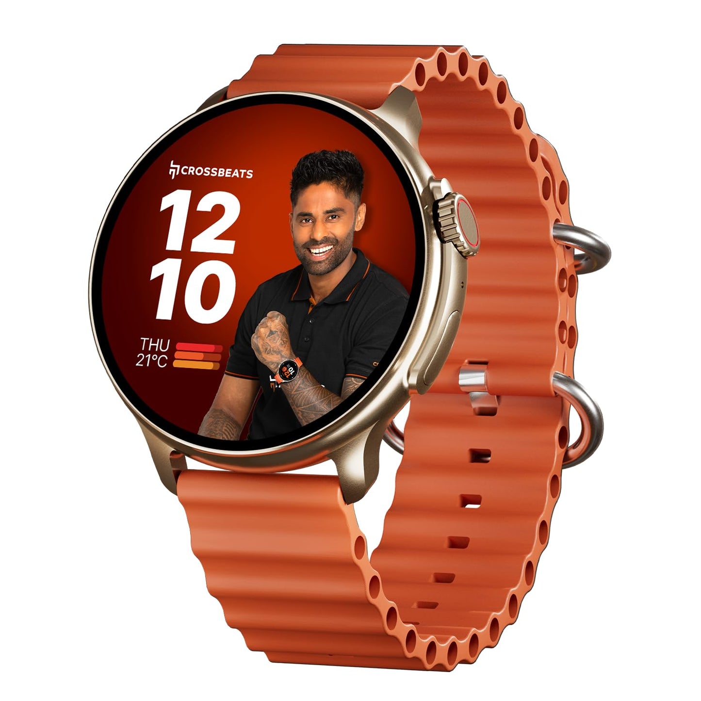 (Refurbished) CrossBeats Aura Round 1.46" Super AMOLED Smart Watch, Always On, Advanced AI ENC Bluetooth Calling, in-Built Games, Fast Charge, Rotating Crown, 123+ Sports Modes, 454 × 454 Pixel (Gold,Orange)