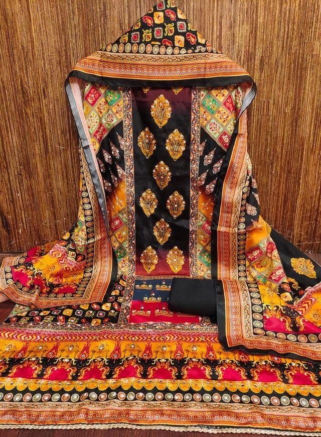 VARNI FABRICS Chinnon Dress Material for Women Pakistani Print Unstitched Woman Salwar Suit Dress Material With Chinnon Dupatta Black
