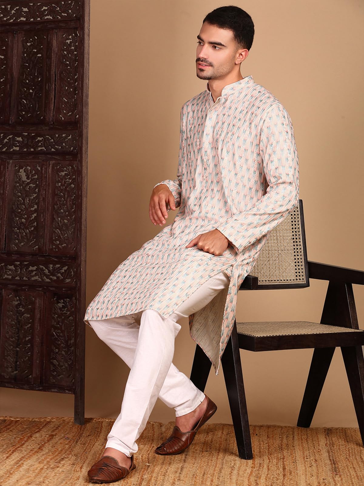 Sanwara Men's Cotton Floral Regular Kurta Set