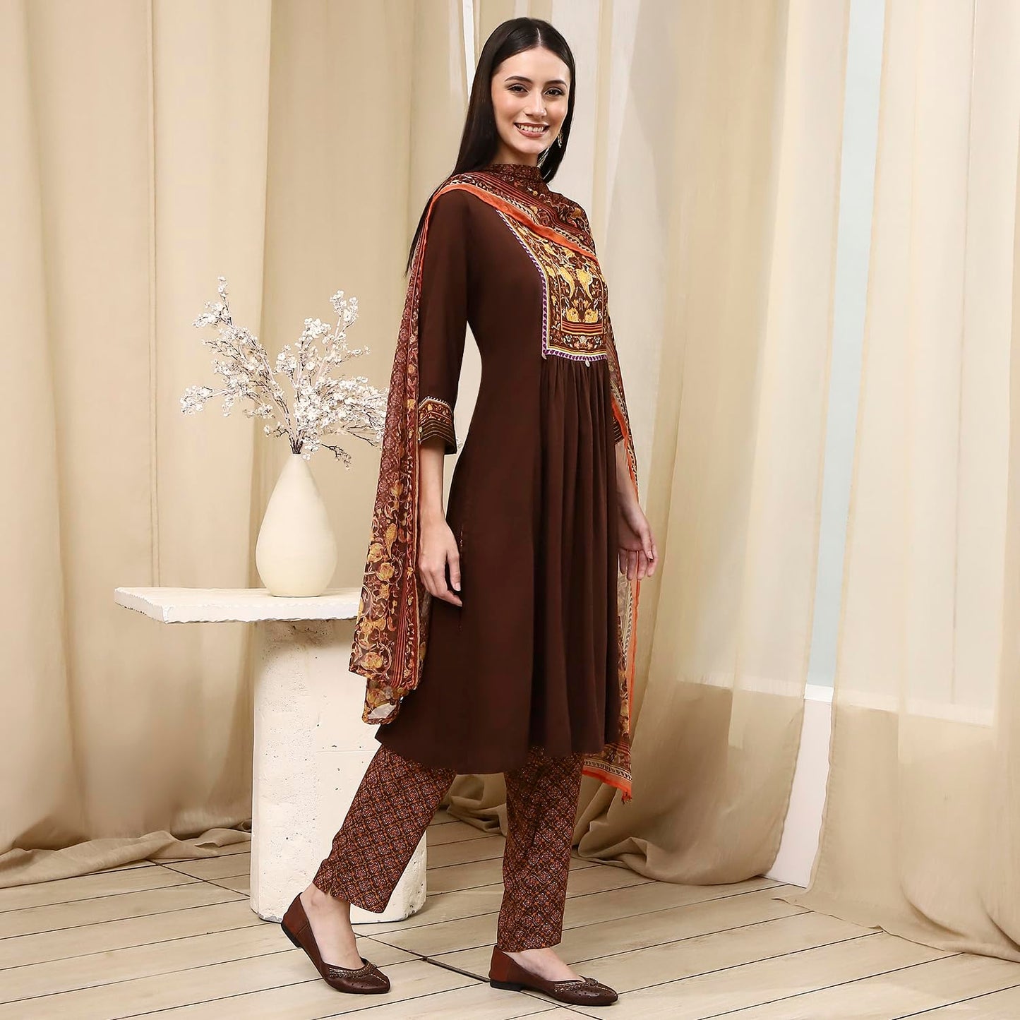 Biba Women Brown Rayon Viscose Narrow Kurta Set_46