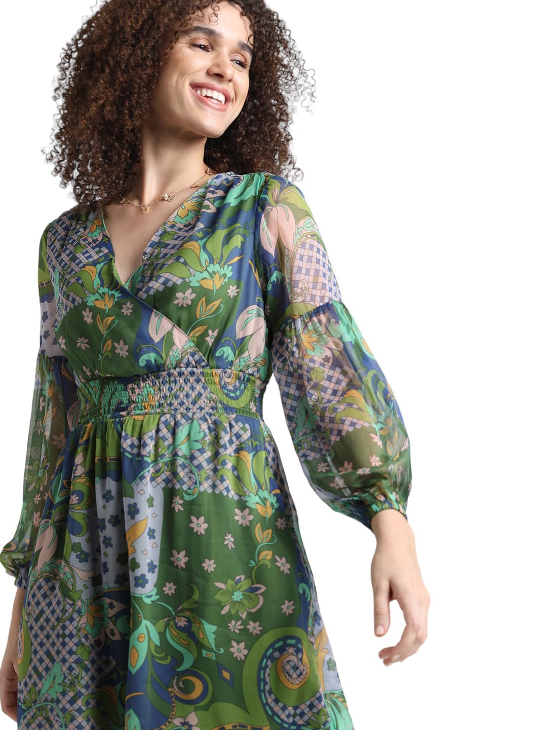 ONLY Women Printed Polyester Above Knee Green A-line Dress