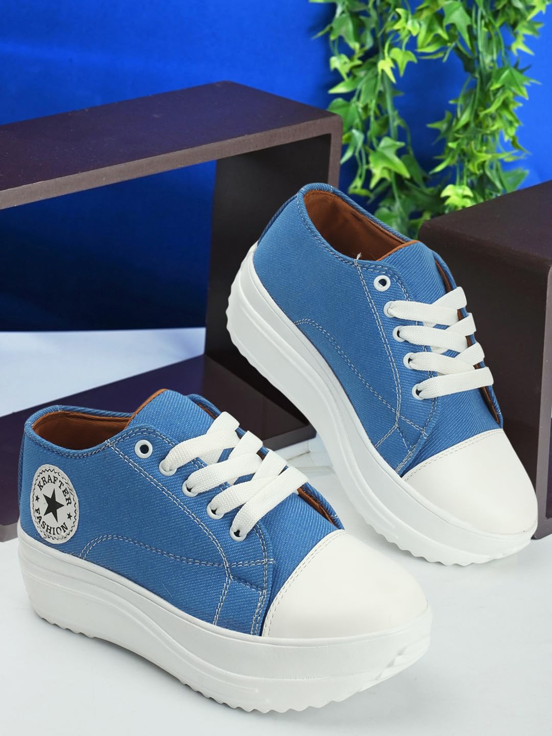 KRAFTER Chunky Denim Sneakers for Women & Girls – Sky Blue Casual Walking Shoes Comfortable Fit Trendy Everyday Wear – UK 7 – Model HP-1330-40