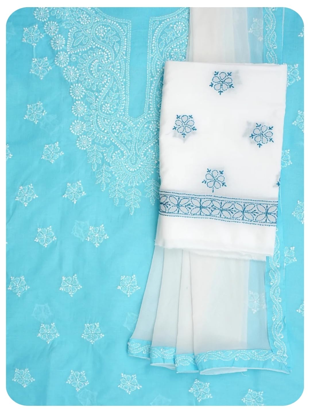 Ada Hand Embroidered Lucknowi Chikankari Unstitched Cotton Dress Material Suit Piece with Dupatta for Women A211362 Blue