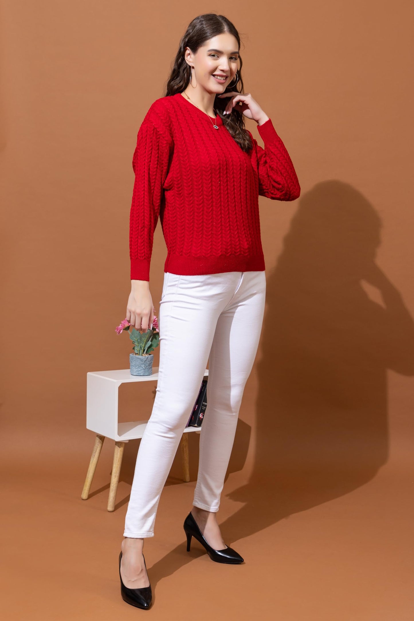 Style Dusk Women's Full Sleeves Round Neck Cable Design Pure Woolen Pullover Sweater for Winter Season (in, Alpha, 2XL, Red)