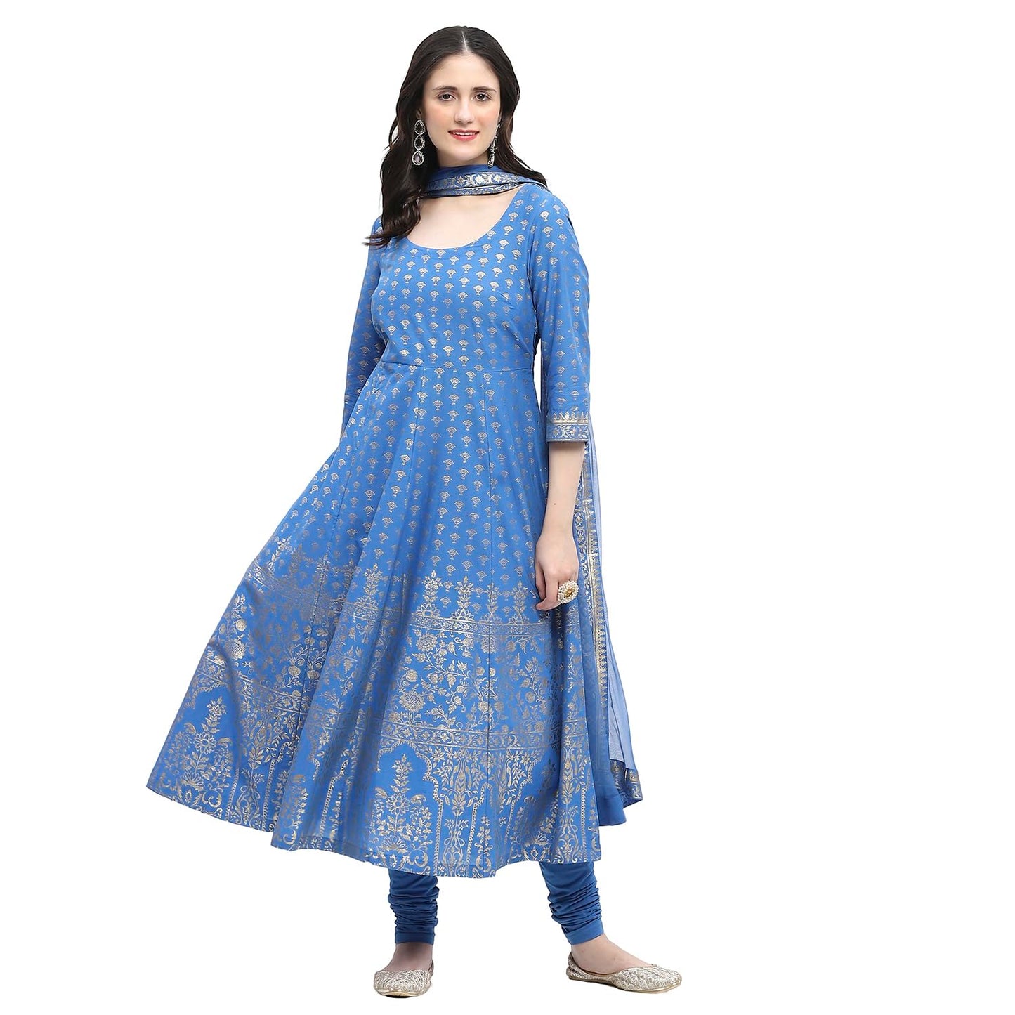 BIBA Women Cotton Printed Kurta Sets (SKD8792OAW24EBLU_Blue, Small
