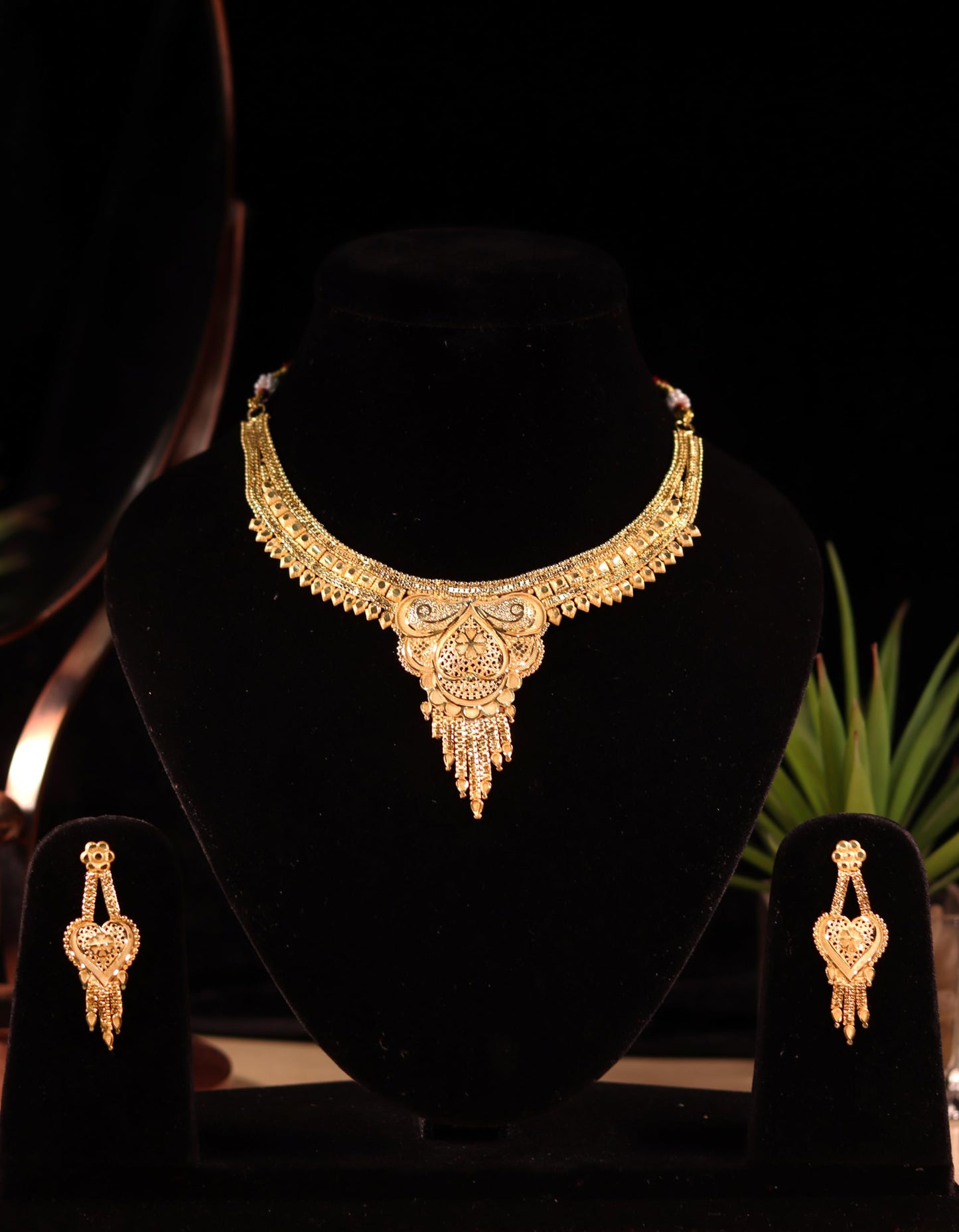 GOLDCASH 10k One Gram Gold Traditional Gold-Plated Necklace and Earrings Set | Heart Design with Dangling Elements | Indian Wedding Jewellery Set for Women's & Girl's