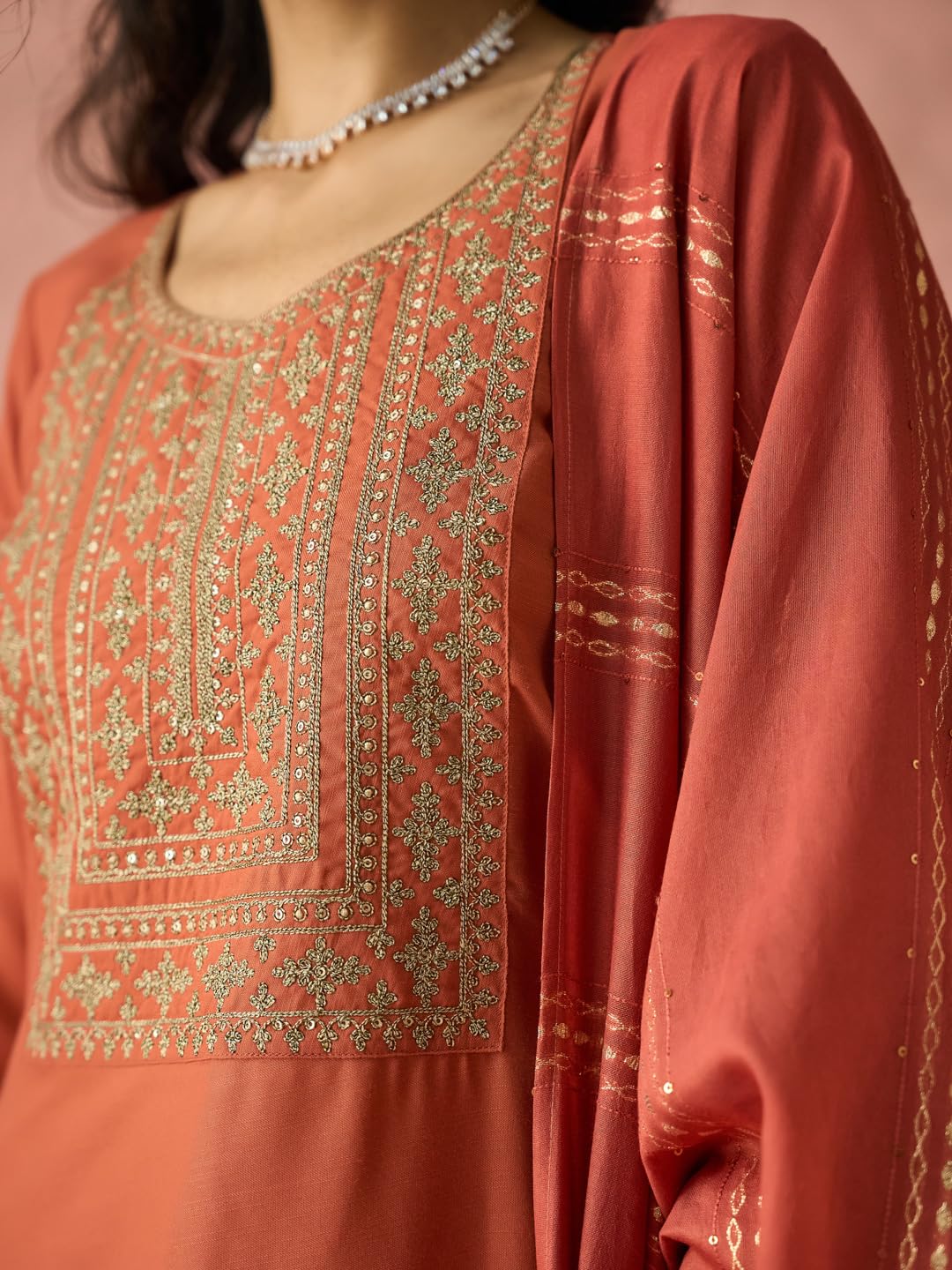 Hritika Rust Cotton Blend Embroidered Round Neck Kurta with Pant and Dupatta_HRKBD0220RUST_L