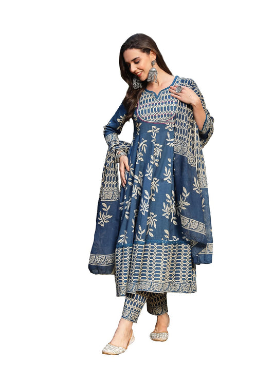 Stylum Women's Floral Printed Cotton Anarkali Kurta Pant Dupatta Set