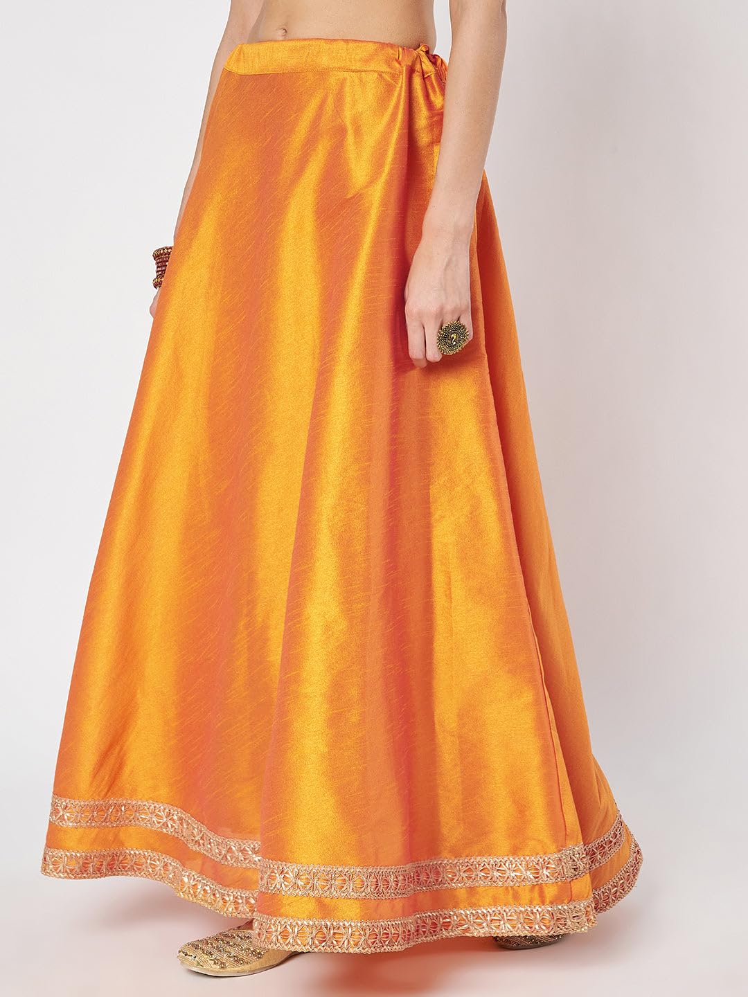 studio rasa Women's Dupion Solid Embellished Bias Skirt for Festive Party Wedding (SKTC42501L_Orange_Large)