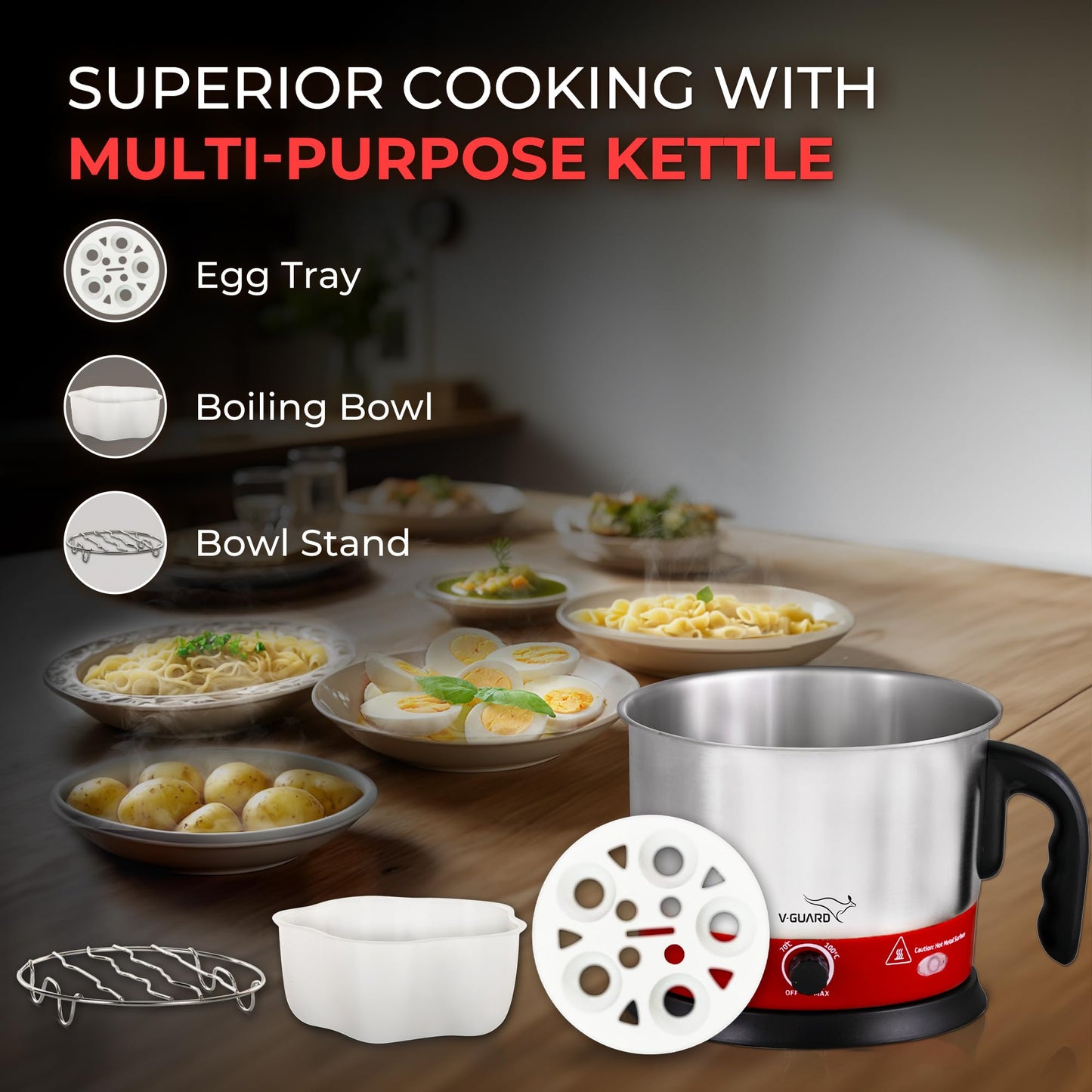 V-Guard VKM12 1.2 Litre Multipurpose Electric Kettle| 600 W|Kettle for Boiling Milk, Tea, Coffee, Cooking Eggs|360° Rotating Base,Auto Cut-off,Overheat & Dry Boil Protection|1 Year Coverage by V-Guard