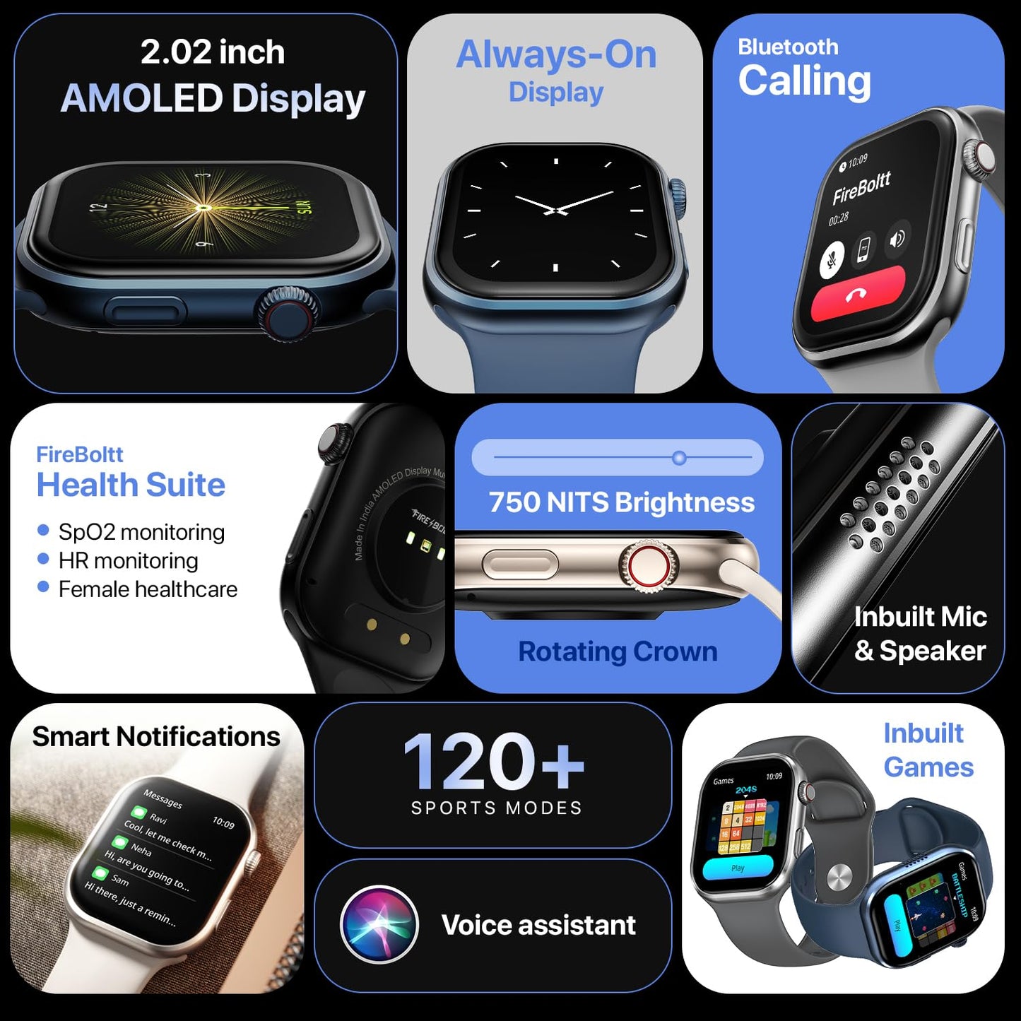 Fire-Boltt Brillia Smart Watch 2.02” Super AMOLED Display, Bluetooth Calling, SpO2, Heart Rate Monitor, 120+ Sports Modes, Fitness Tracker, Voice Assistant, Smart Watch for Man & Women– Blue